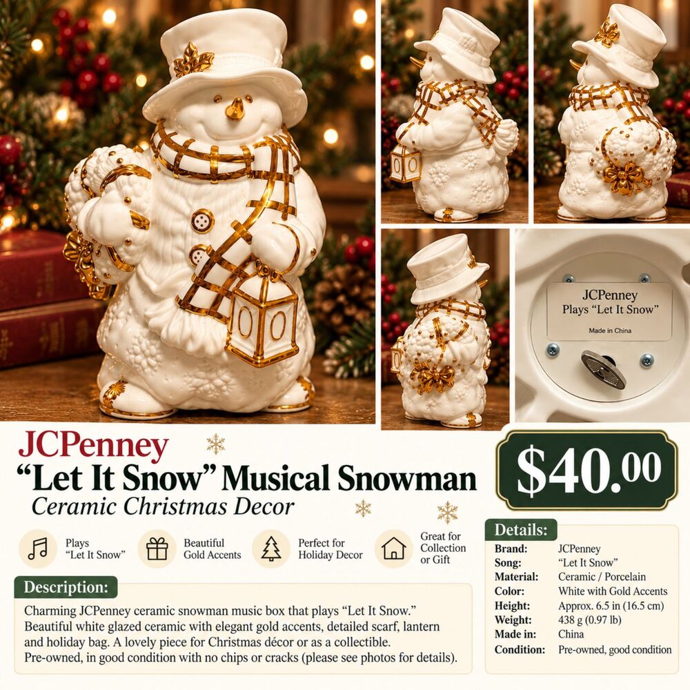 CPenney “Let It Snow” Musical Ceramic Snowman Christmas Decor
